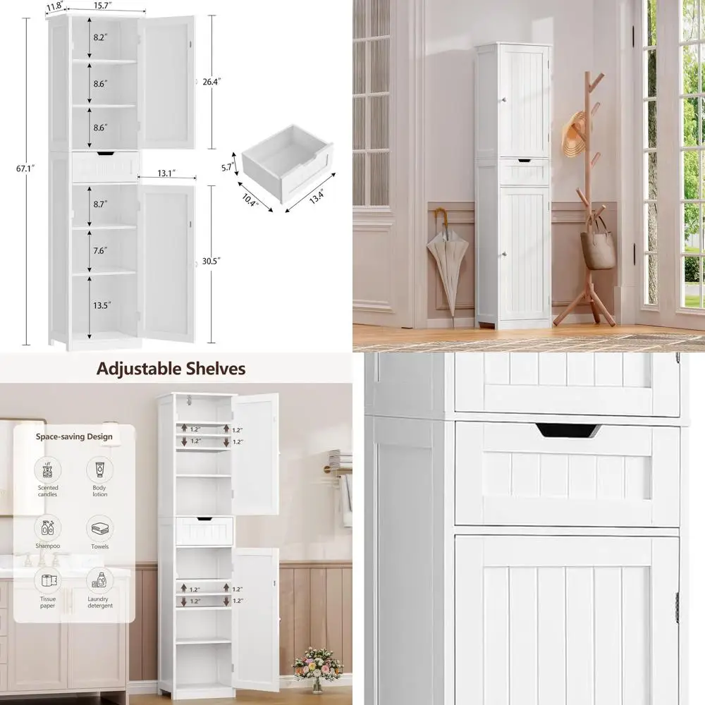 67 Tall Storage Cabinet with 2 Doors and 1 Drawer, Adjustable Shelves, White, for Bathroom, Living Room, Entryway, Home Office
