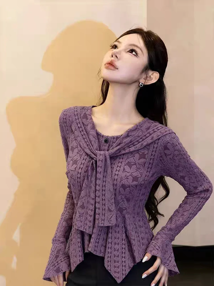 

Ele Purple Lace Long Sve Women's irt Inner Wear oulder Wrap Tie Design Slim Fit Korean Sle Spring Faion