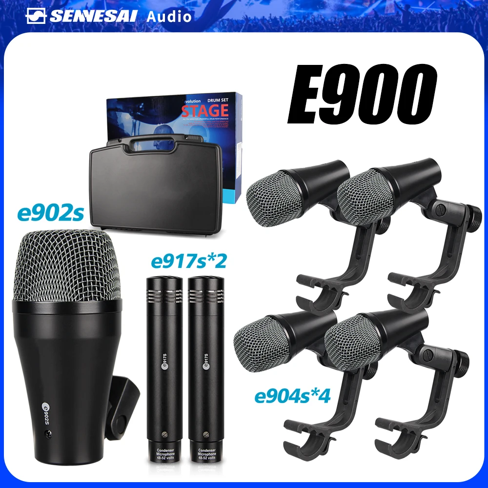 SENNESAI E900 7-Piece e914 e904 e902 Wired Dynamic Drum Microphone Kick Bass, Tom/Snare & Instrument Cymbals Mic Set - Use