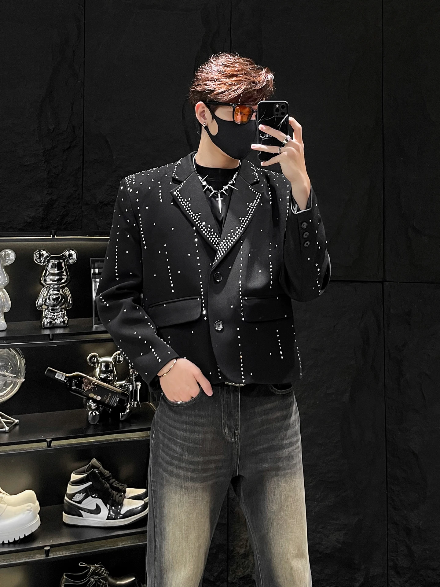 

Heavy Du Rhinestone Design oulder Padded Suit Jaet for Men Trendy ort Sle Casual Wear round Hemline Long Sve