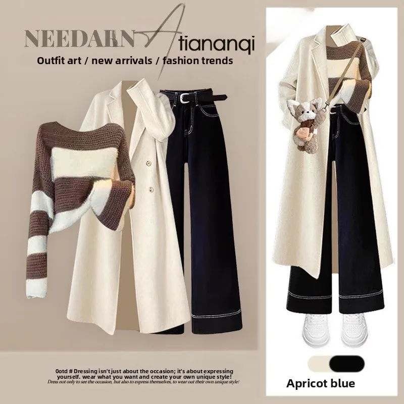 

Korean Style Autumn Fashion Set Women's Long Coat Striped Sweater High Waist Slimming Jeans Three Piece Set Casual Chic
