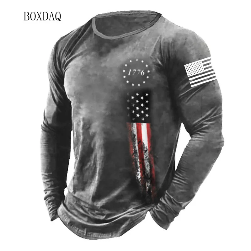 Amerikanische Flagge Muster Männer T-Shirts Frühling Herbst Langarm 3D-Druck Street Fashion T-Shirt 6xl plus Größe männliche Kleidung lässige Tops