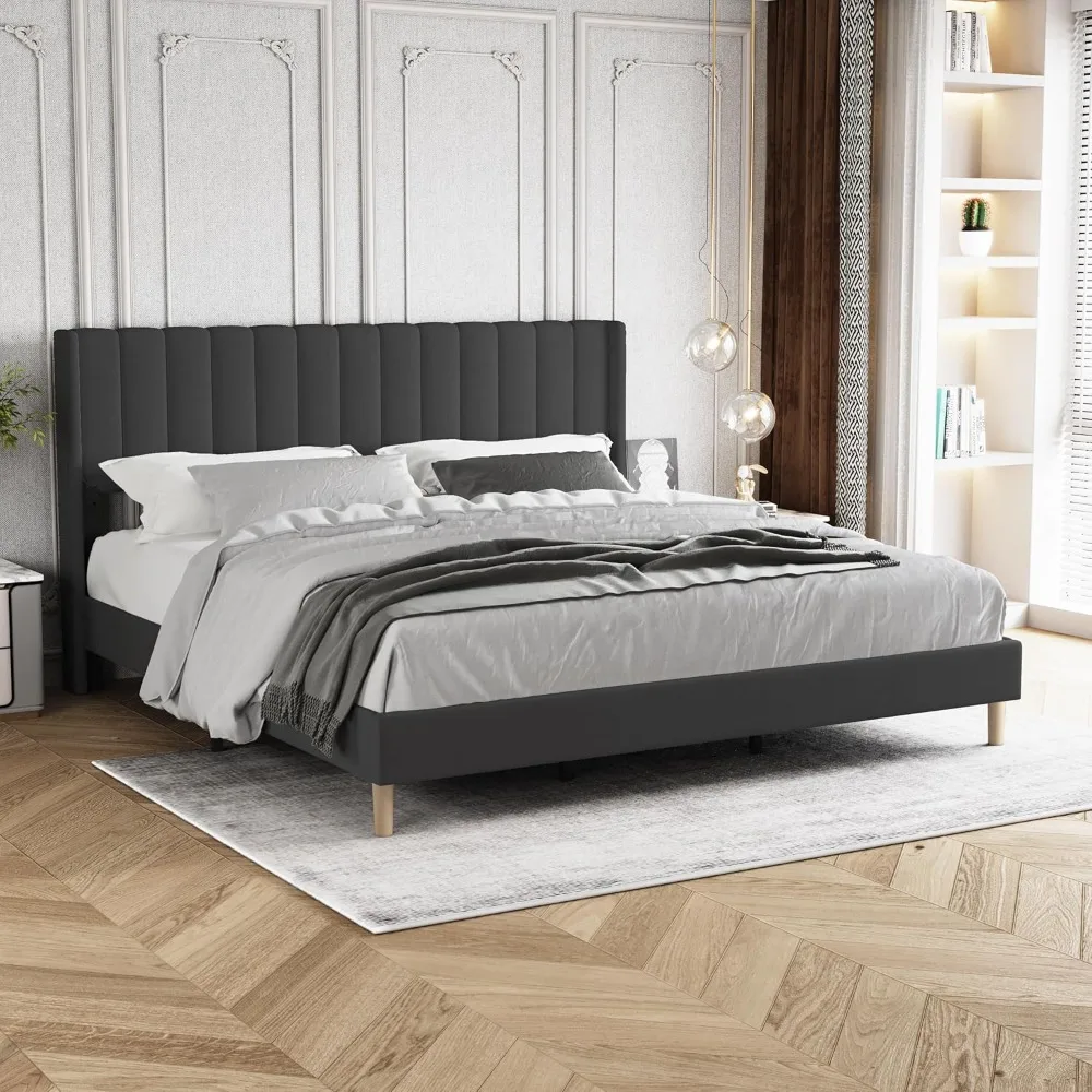 

Upholstered Platform Bed Frame, King Size with Headboard, Strong Wooden Slats Support, No Box Spring Needed, Easy Assembly