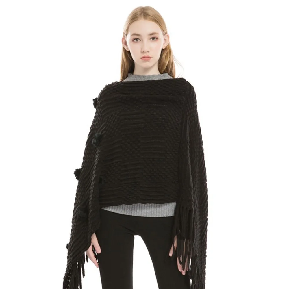 

New Imitation Cashmere Warm Shawl Plus Size Rabbit Fur Ball Wrap Cloak Solid Color Knitted Sweater