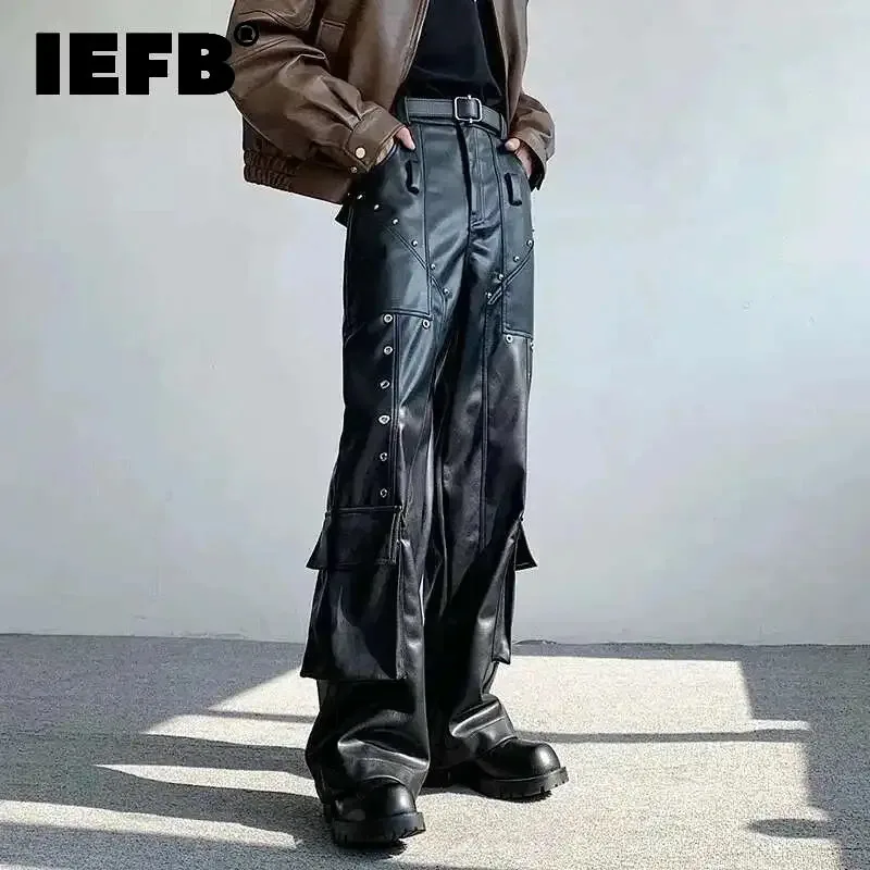 IEFB Spring Men's Leather Trousers Rivet Niche Design PU Casual