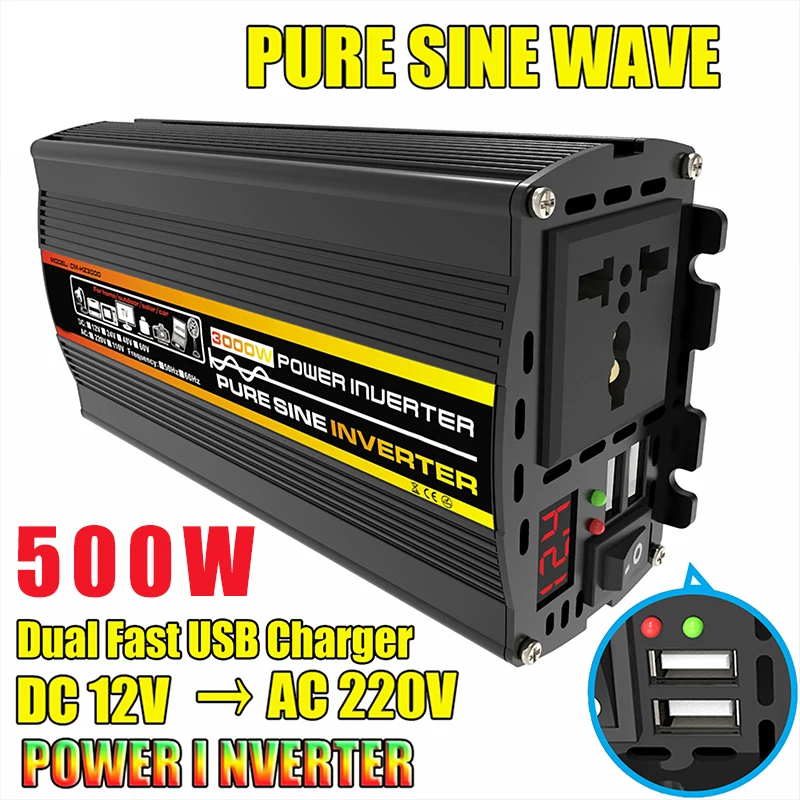 Pure Sine Wave Convert 500W DC12V - AC220V 50Hz Power Inverter for Home RV Car Fan Phone Charger LCD Display Voltage Converter