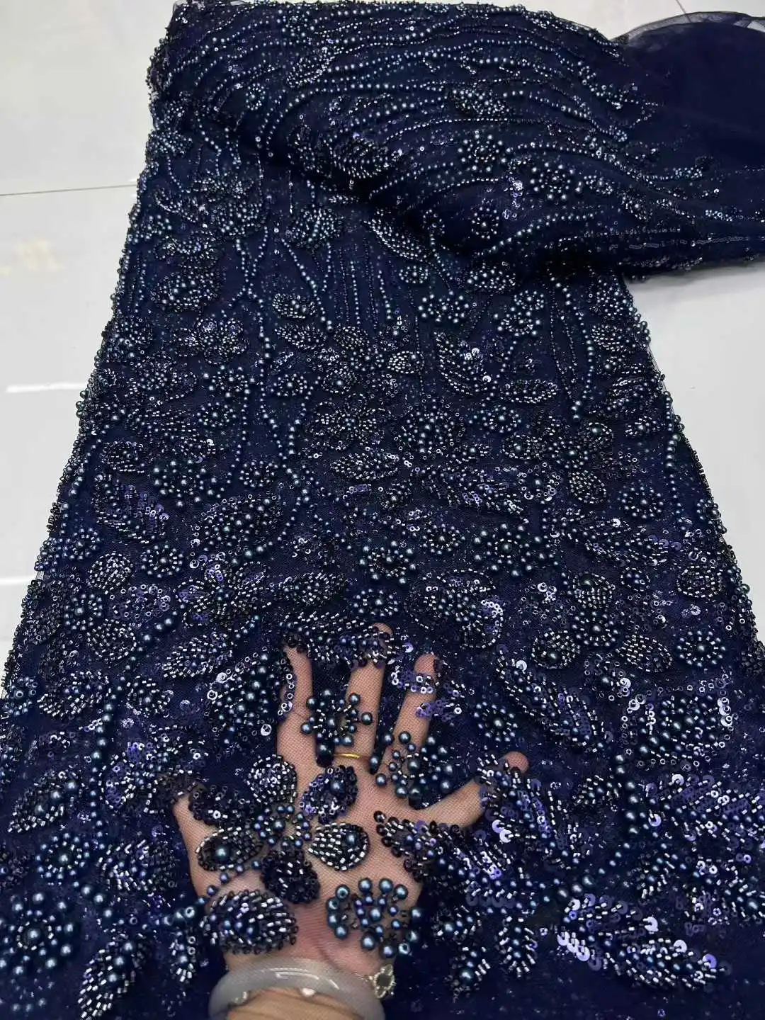 Luxury Orange French Tulle Lace Fabric Luxuey Sequins Beads for Bridal Dress Nigerian Groom High Quality African Wedding Gown