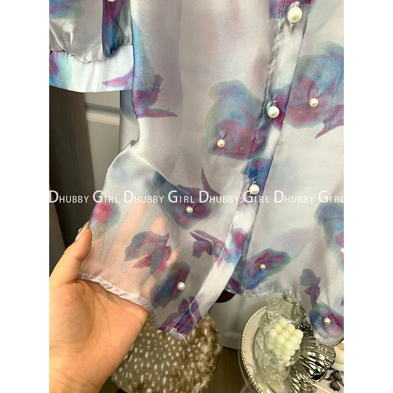 Street Cute Sweet Purple Printed Party High Quality Tshirt Tees Women Buttons 2023 Summer Short Sleeve Korean Fashion Ladies