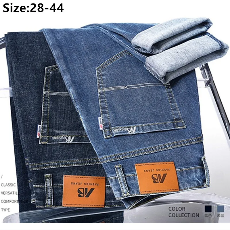 

Men Summer Pants Thin Loose Dad Straight Stretched Plus Big Size 42 44 Large Jeans Classic High Waist Boys Male Long Trousers