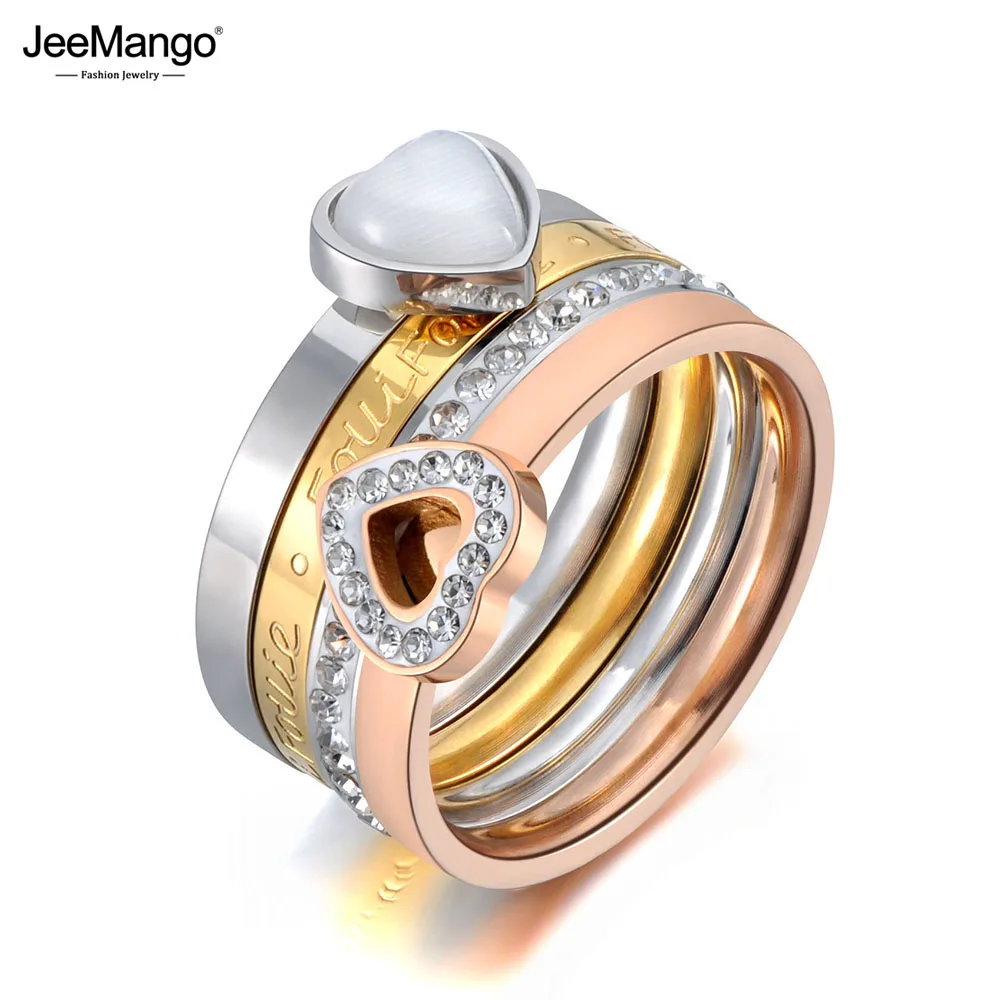 JeeMango Trendy Titanium Stainless Steel Fine Ring Jewelry White Heart Opals & Rhinestone Bridal Wedding Rings For Women JR19121