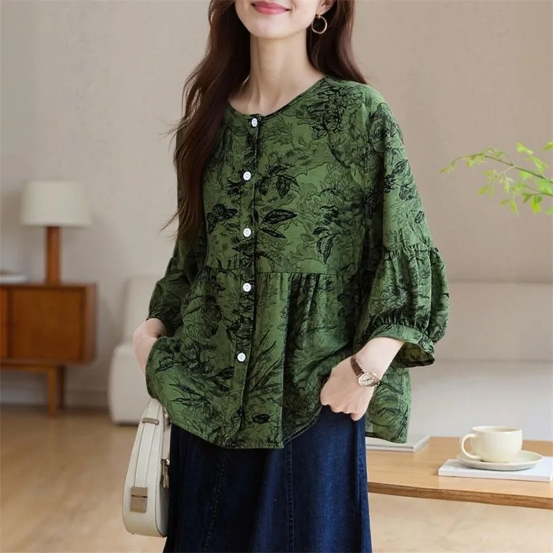 Spring and Autumn/Summer All match Vintage Fashion Round neck Korean Popularity Top Women's Shirt T-shirt