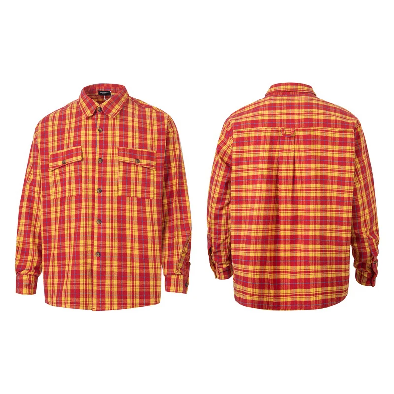 Autumn Far High Street Shirt Red and Yellow Plaid Striped Men Women Loose Casual Long Shirt Clothings