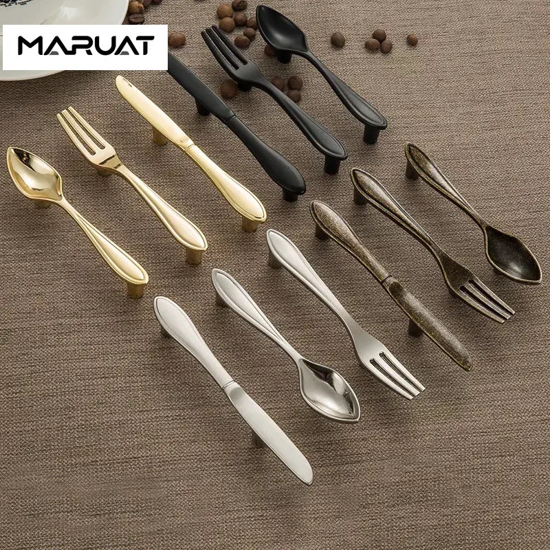 Novelty Creativity Furniture Cabinet Desk Drawer Handle Tableware Shape Knife Spoon Fork Shape In Silver Gold Black Bronze Color