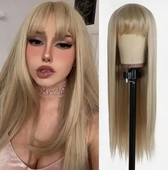 Peluca larga recta rubia con fibra resistente al calor, cabello sintético con flequillo, tocado de Cosplay de fiesta de moda para mujer