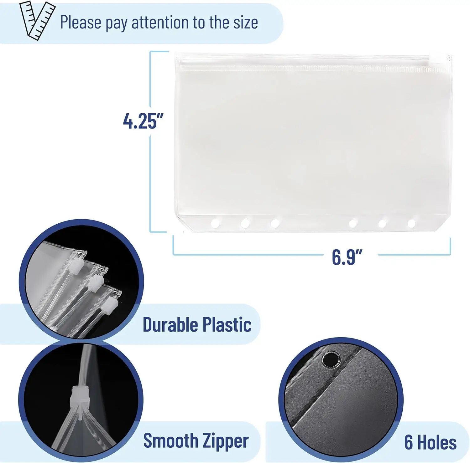 12pcs A5/A6 Size Binder Pockets 6 Holes Budget Cash Envelopes for Budget, Clear Zipper Waterproof PVC Document Pouch Filing Bags