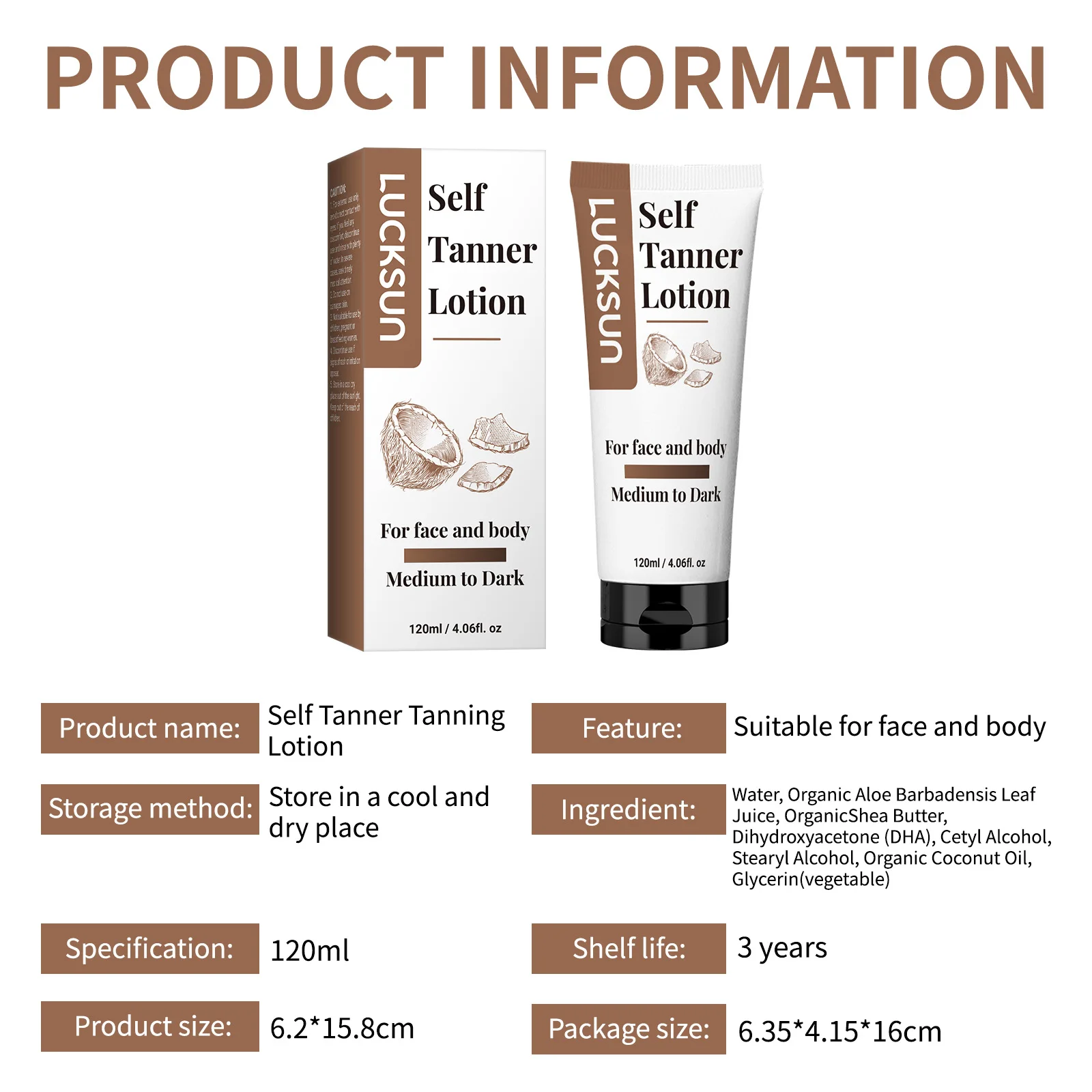 

LUCKSUN Лосьон для автозагара 120 мл Крем для загара лица и тела Средний от темноте естественный вид загара, не требуется солнце