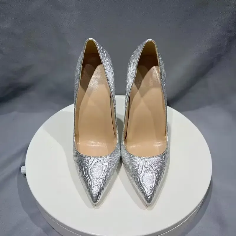 

Tikicup Silve Snake Embossed Sexy Pointy Toe 12cm Ultra-Thin High Heels Elegant Women Stiletto Pumps Party/Wedding Dress Shoes