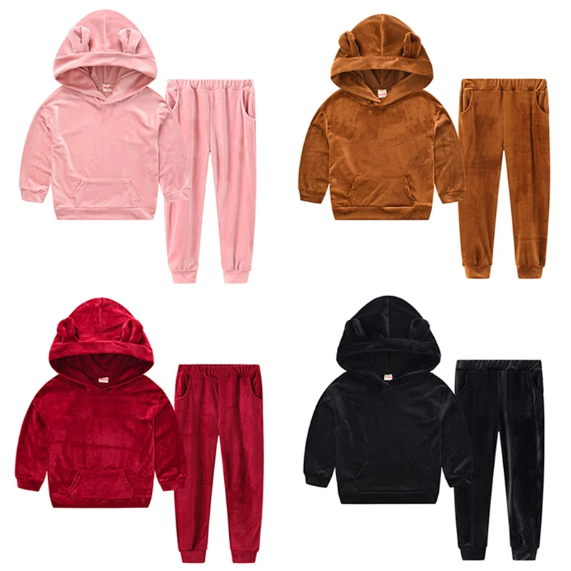 Gold Velvet Baby Girls Clothing Sets Autumn Solid Color Hoodies And Pants 2Pcs Little Princess Suit 2 3 4 5 6 Years Kids Clothes