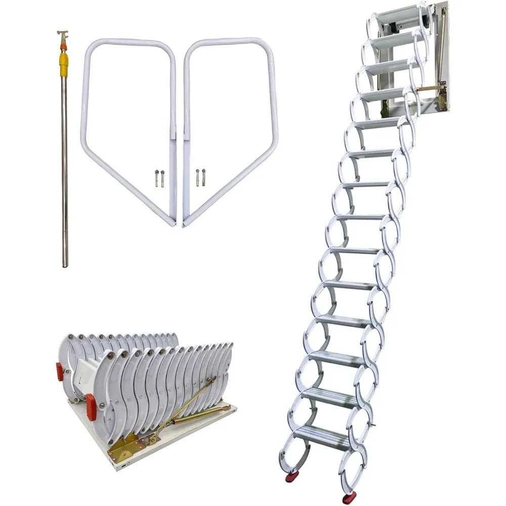 Dachbodenleiterstufen, herunterziehbare 14-stufige Dachbodentreppe, Dachbodenverlängerung, Dachbodenleitertreppe, an der Wand montierte Klapptreppe