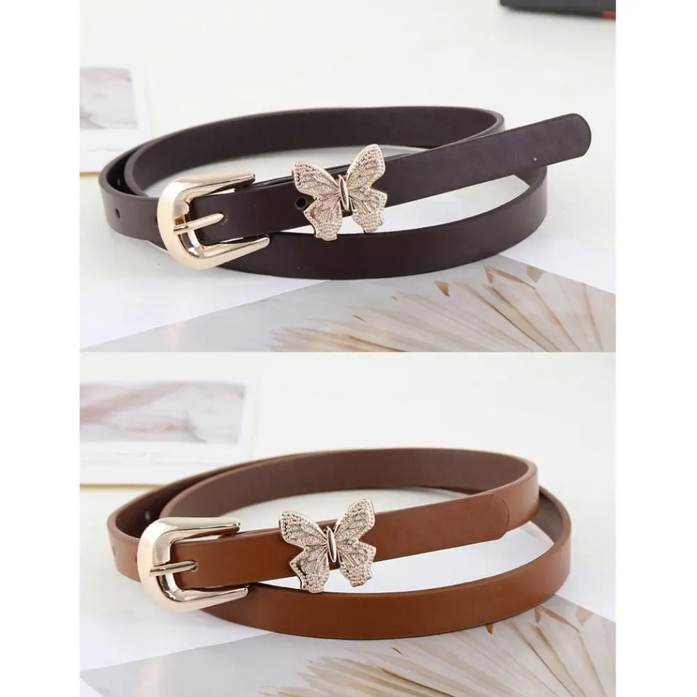 Fashion Design Women's Leather Belt Gold Buckle Thin Waist Belt Casual Soft Faux Leather Pin Buckle Waistband