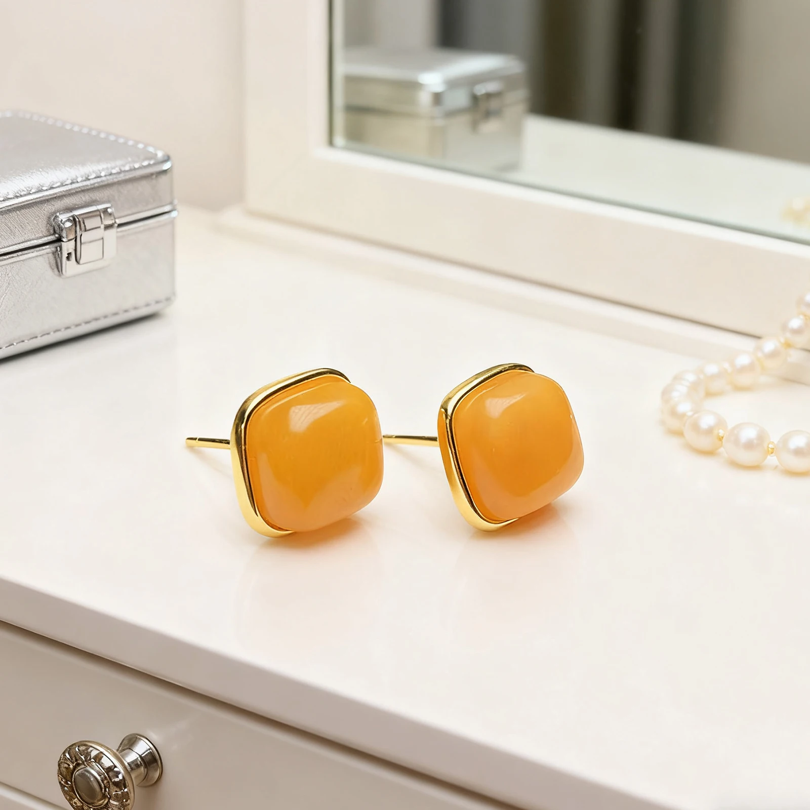 

Женские квадратные серьги-гвоздики из янтаря, стерлинговое серебро 4,8 мм, покрытые розовым золотом, романтический подарок любви для нее, ювелирные изделия из натурального балтийского янтаря