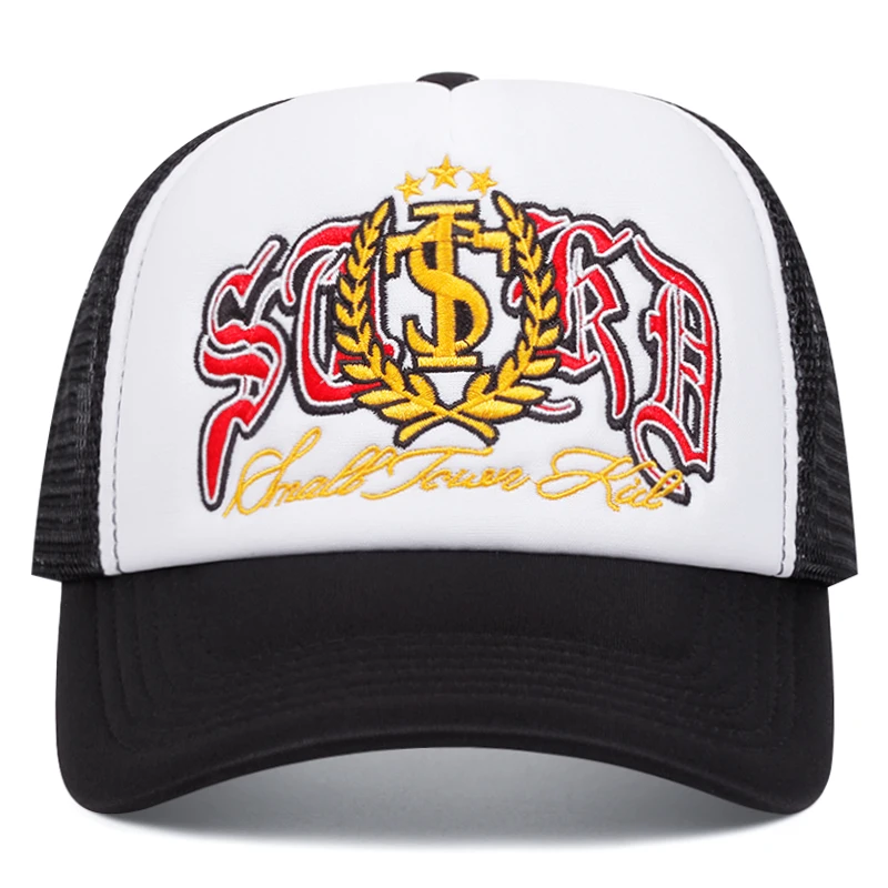 

Trendy two - tone trucker cap for urban outings/streetwear/gold embroidery/hip - hop events/bold embroidery
