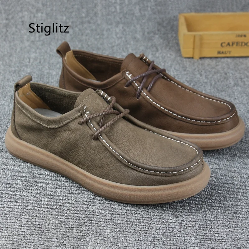 Men's Casual Soft Bottom Genuine Leather Shoes Retro Thick Sole Single -Layer Cowhide Breathable Single Shoes Spring Work Shoes