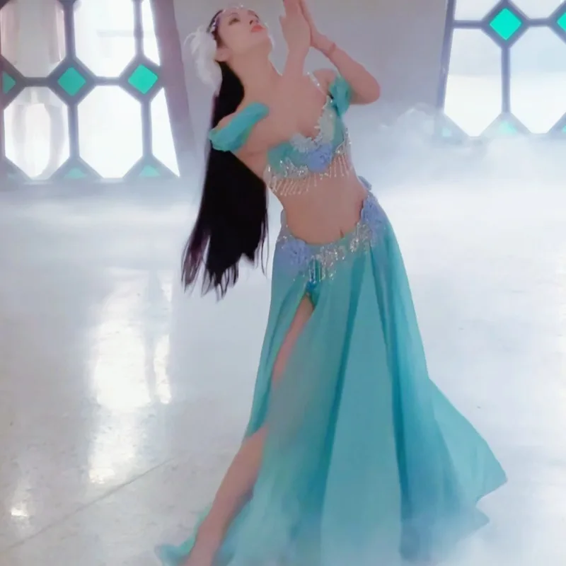 Conjunto de trajes de dança do ventre personalizados, vestido de performance, saia de classe, sexy, temperamento, roupa de prática, sutiã azul de dança do ventre