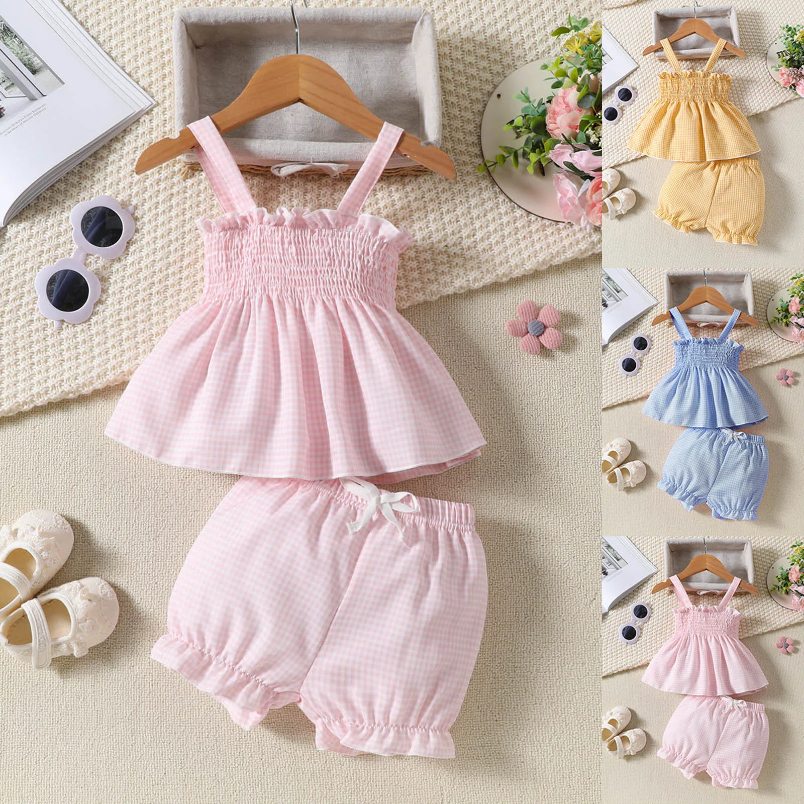 

Комплект одежды для девочек, жилет без рукавов с решетчатым принтом, топы, юбки, летние короткие штаны, два наряда, одежда для малышей, одежда для близнецов для девочек