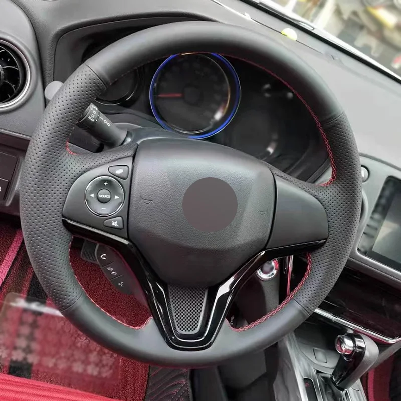 

Black Soft Leather with Red Thread and Red Needle Full Wrap Hand Stitching Car Steering Wheel Cover for Honda XRV XR-V Vezel