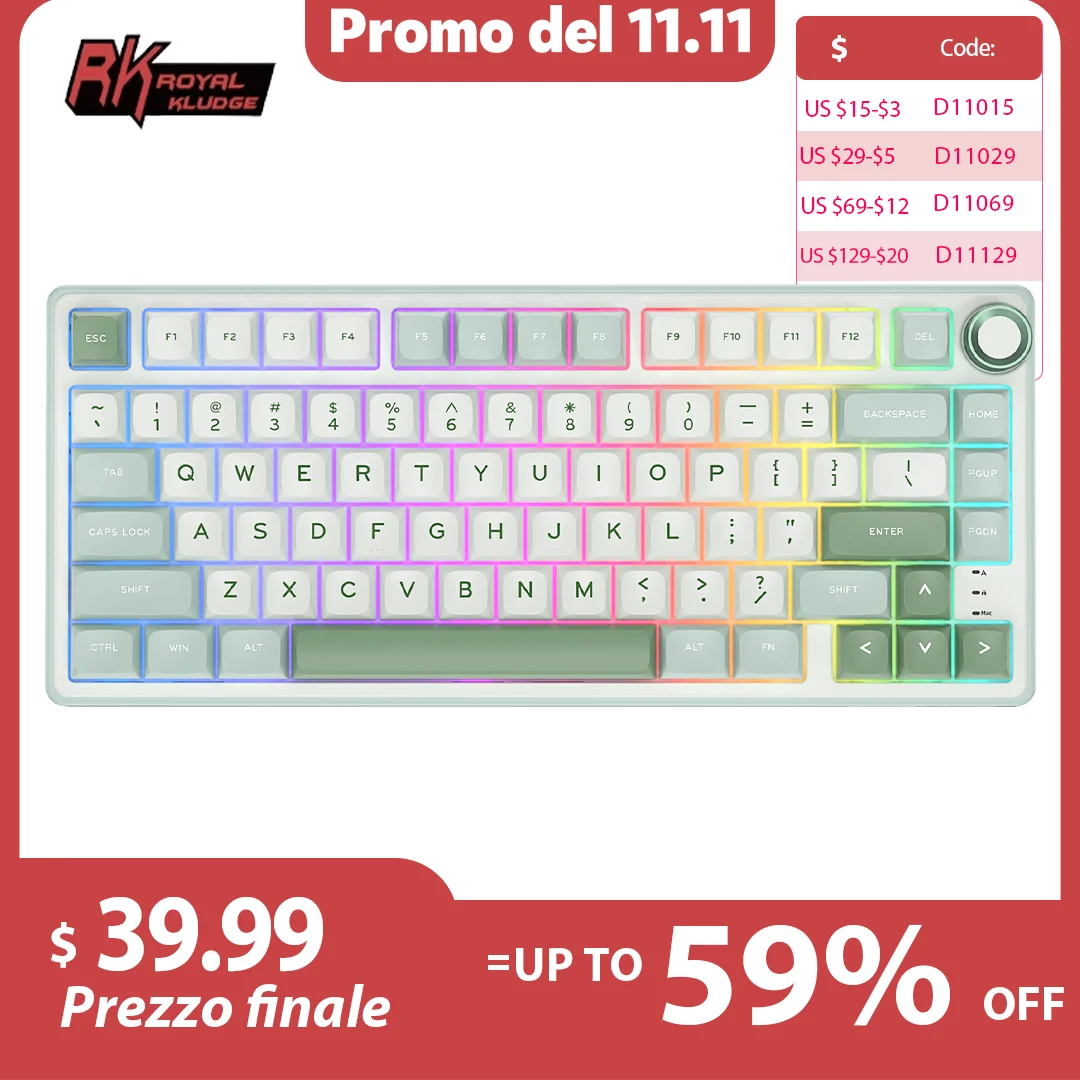 

Проводная механическая клавиатура RK R75 Royal Kludge, 80 клавиш, 80% прокладки, игровая клавиатура с RGB-подсветкой и возможностью горячей замены, с колпачками для клавиш MDA PBT