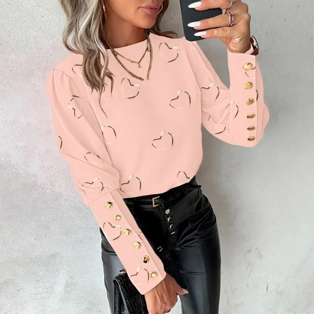 Round Neck Shirt Heart Print Long Sleeve Blouse for Women Round Neck Loose Button Decor Shirt Soft Breathable Ol Commute Style