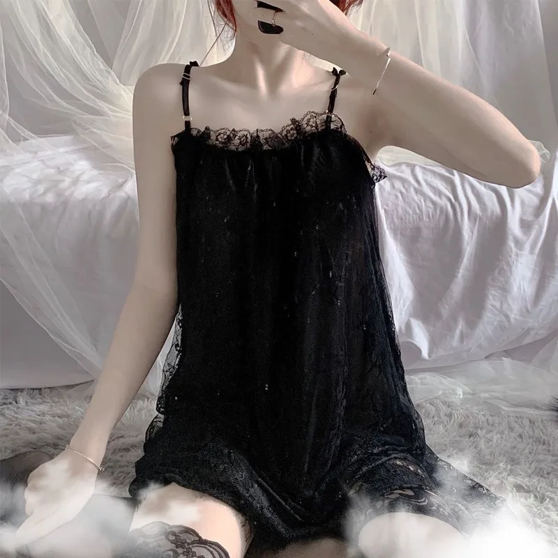 Hot Sale Sexy Womens Sleepwear Lingerie Lace Nightdress Lace Chiffon Camisole Pajamas Nightgown Spaghetti Strap Sleeping Dress