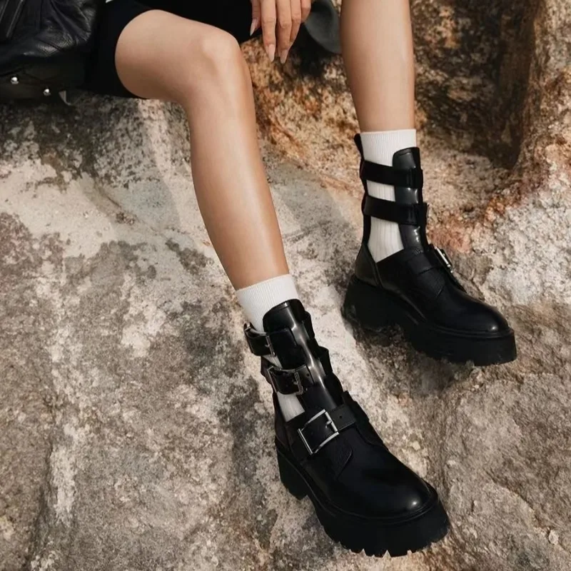 

Hollow Out Chelsea Boots for Women Spring Autumn Platform Ankle Boots PU Breathable Woman Shoes Black Bota Feminina Mid-Calf