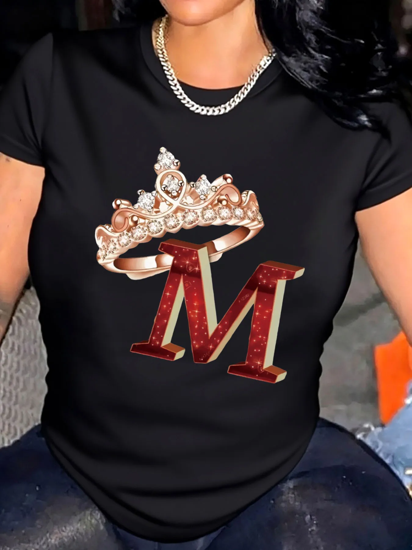 

Женская футболка больших размеров на день рождения с короной M и буквенным принтом, уличная одежда