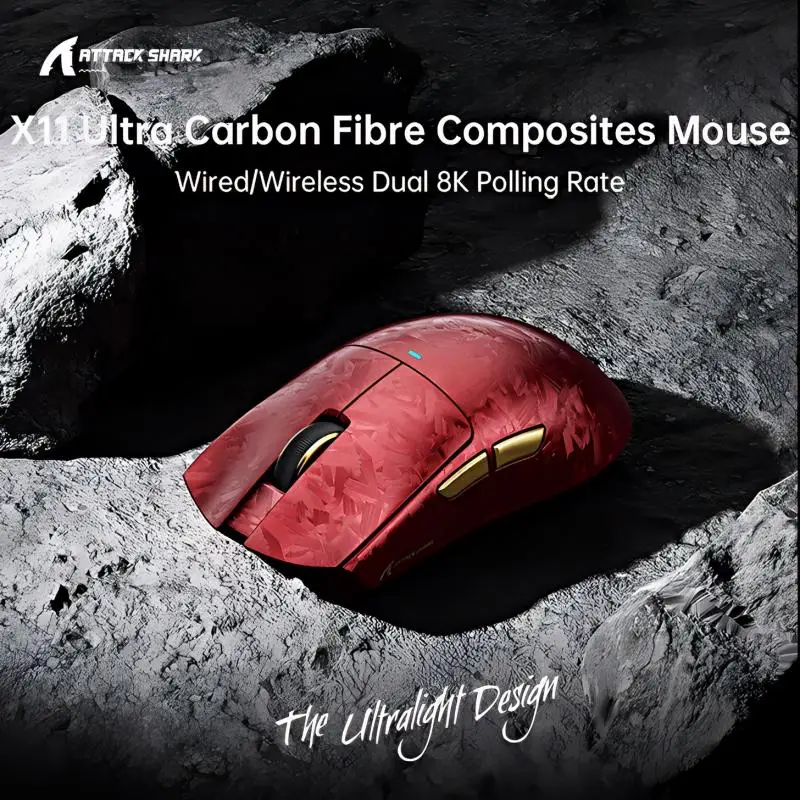 ATTACK SHARK X11 ULTRA PAW3950MAX Wireless 8K Gaming Mouse, Nano-Metal Ice Coating,59g SUPERLIGHT,Carbon Fiber