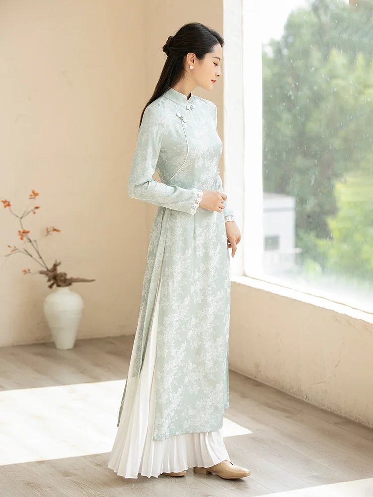 

Женское длинное платье в китайском стиле с пуговицами и высоким разрезом, повседневное, из полиэстера, осень-зима, новинка