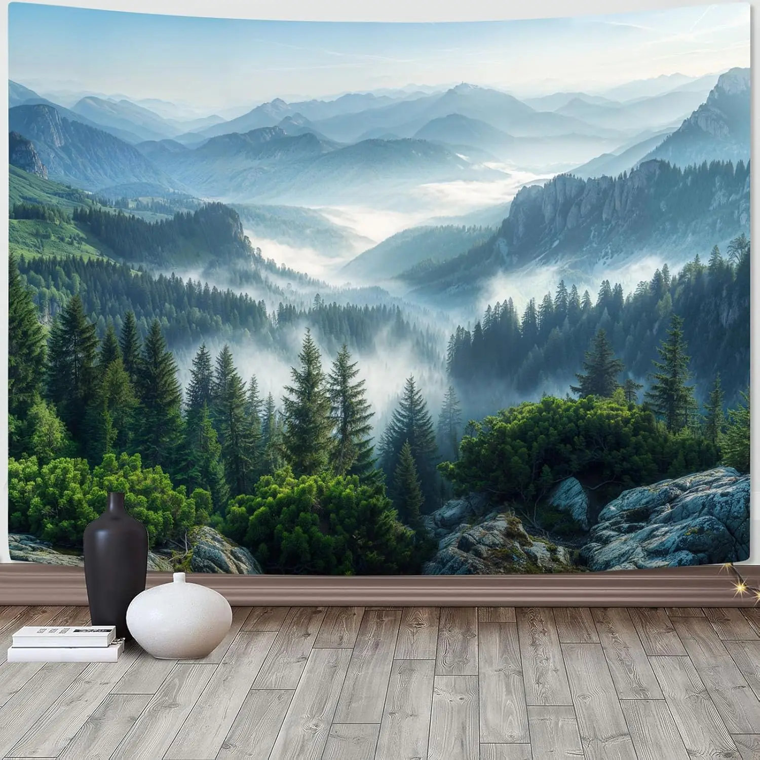Nature Forest Mountain Tapestry Green Misty Pine Tree Tapestry for Bedroom Aesthetic Foggy Woodlands Sky Landscape Tapestries