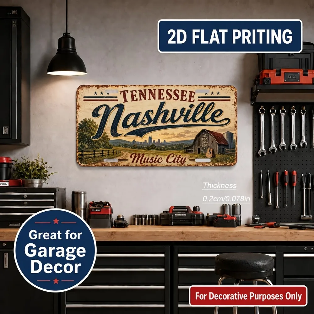 CIFBUY Nashville Themed Vintage License Plate Aluminum Wall Art Waterproof Metal Sign Decor for Home Room Living Room Office Bar