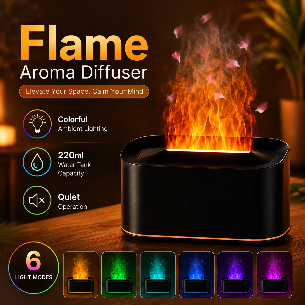Aroma Diffuser 220ml, Flame & Color-Changing LED Light, 9-10H Mist, Type-C, Cool Mist Humidifier for Home
