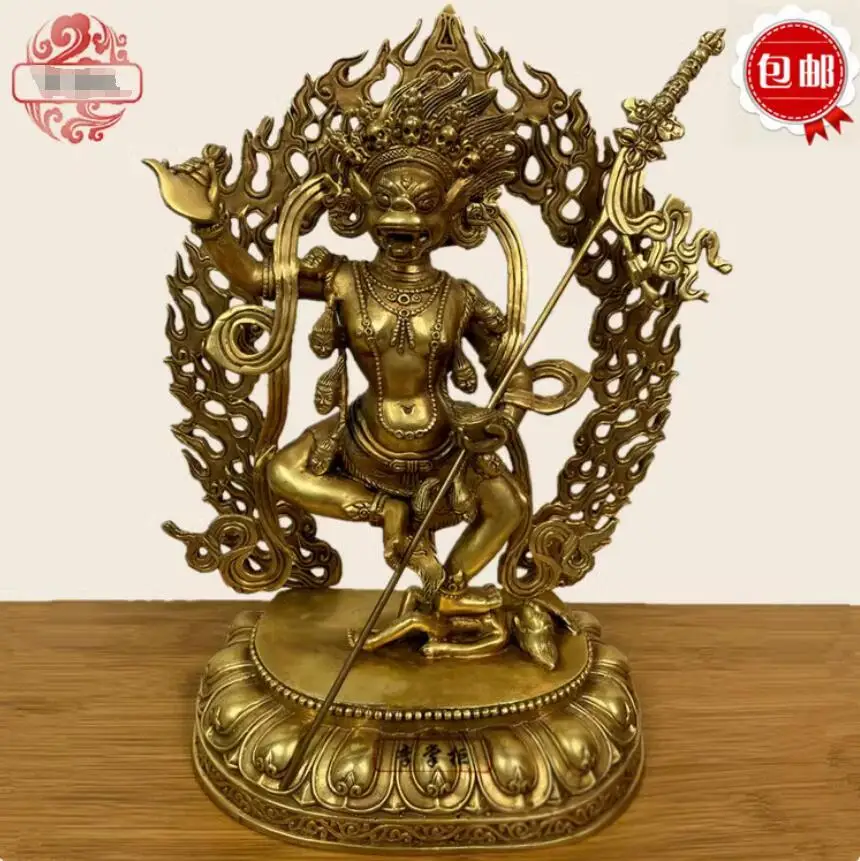 33cm Tibetan Vajrayana Vajrayana Esoteric Nepalese Pure Copper Lion Face Vajrayana Buddha Statue Protector