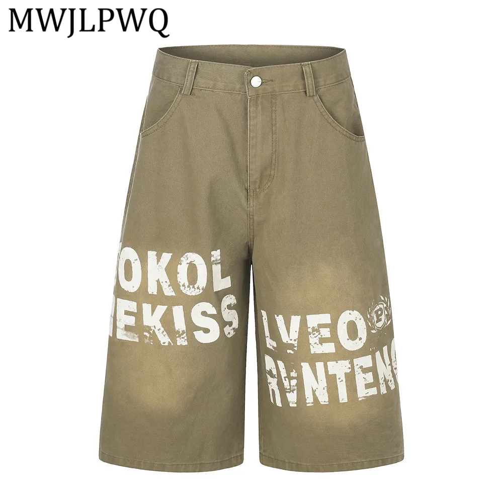 MWJLPWQ American Retro Letter Print Loose Mid-Length Pants For Men Summer Street Punk Distressed Wide-Leg Straight Shorts 16693