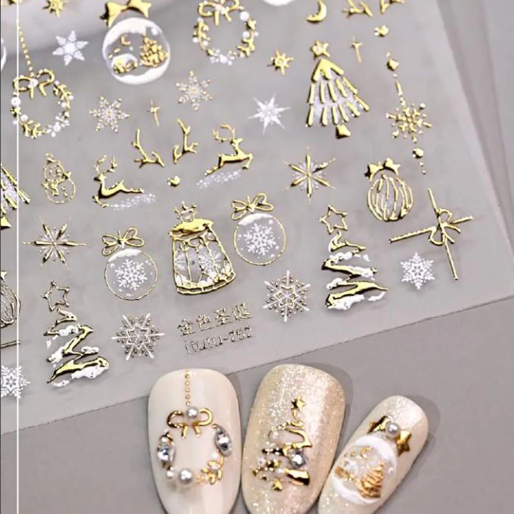 5D Goldprägung Schleife Ball Hirsch Weihnachten Nagelaufkleber Glänzender Kranz Weihnachtsbaum Kristall Nagelaufkleber Winter Nageldekoration