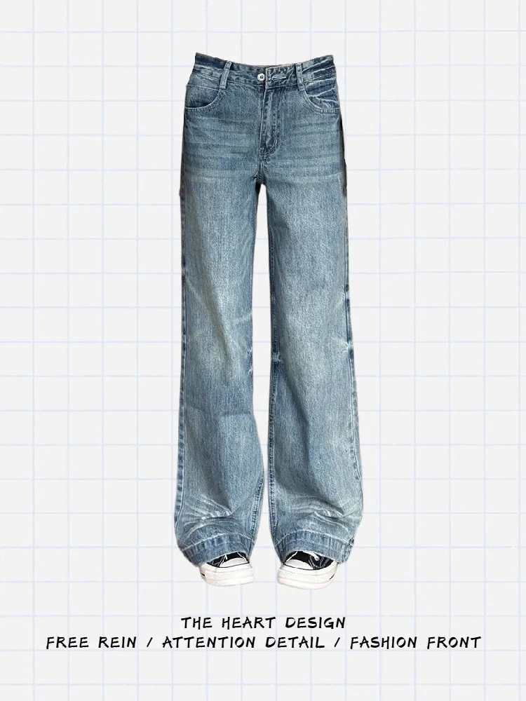 

Cool American Sle Straight Leg Jeans Women's Casual Wide Leg Pants High Waist Zipper Closure Pure Color Wear Resistant