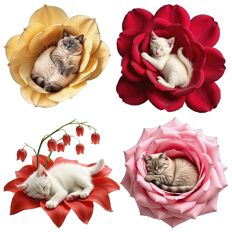 Three Ratels CF61 Cute cats sleeping soundly in flowers,fun animal stickers for home decoration car body decals
