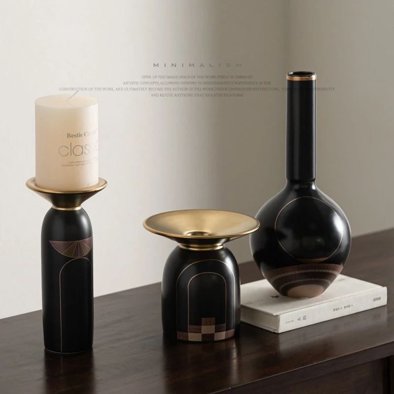 Italian High-end Modern Black Ceramic Vase Candlestick Set Gold Line Geometric Pattern Tabletop Living Room Home Decor Ornament