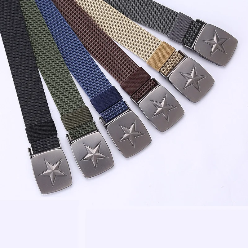 Stylish Minimalist Smooth-Buckle Five-Pointed Star Leather Belt Outdoor Sports Casual and Military Training Canvas Belt for Men
