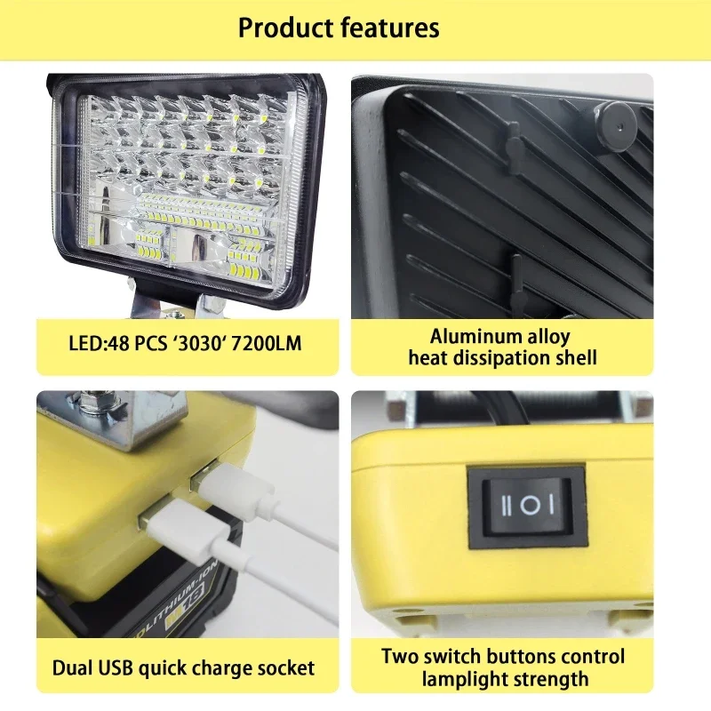 Torcia a LED da lavoro 3 pollici 8 pollici per batteria al litio Dewalt 18V lampada portatile per attrezzi a lanterna con doppio USB DCB200