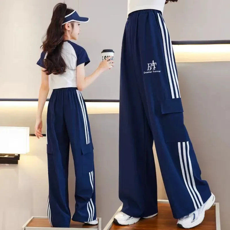 

Summer Girls' Casual Pants High Street Hip-hop Thin Style Children's Sports Dark Blue Pants High Quality Children's Clothing New