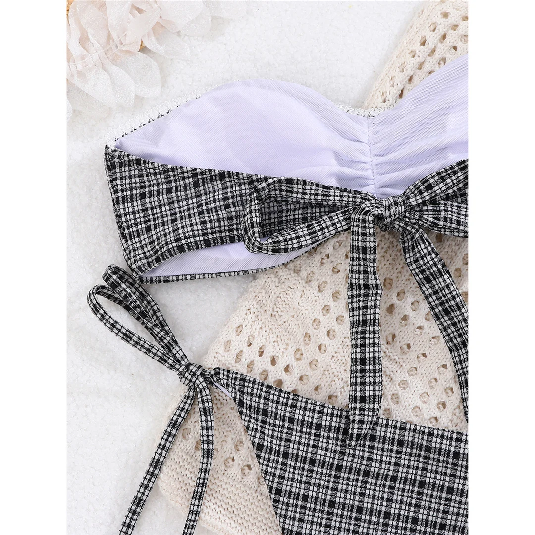 Karierter Bandeau-Bikini, Damen-Badebekleidung, zweiteiliger Bikini-Set, mit Trägern, hoch geschnitten, Badeanzug, Badebekleidung, Modell V8193. – Detail 10